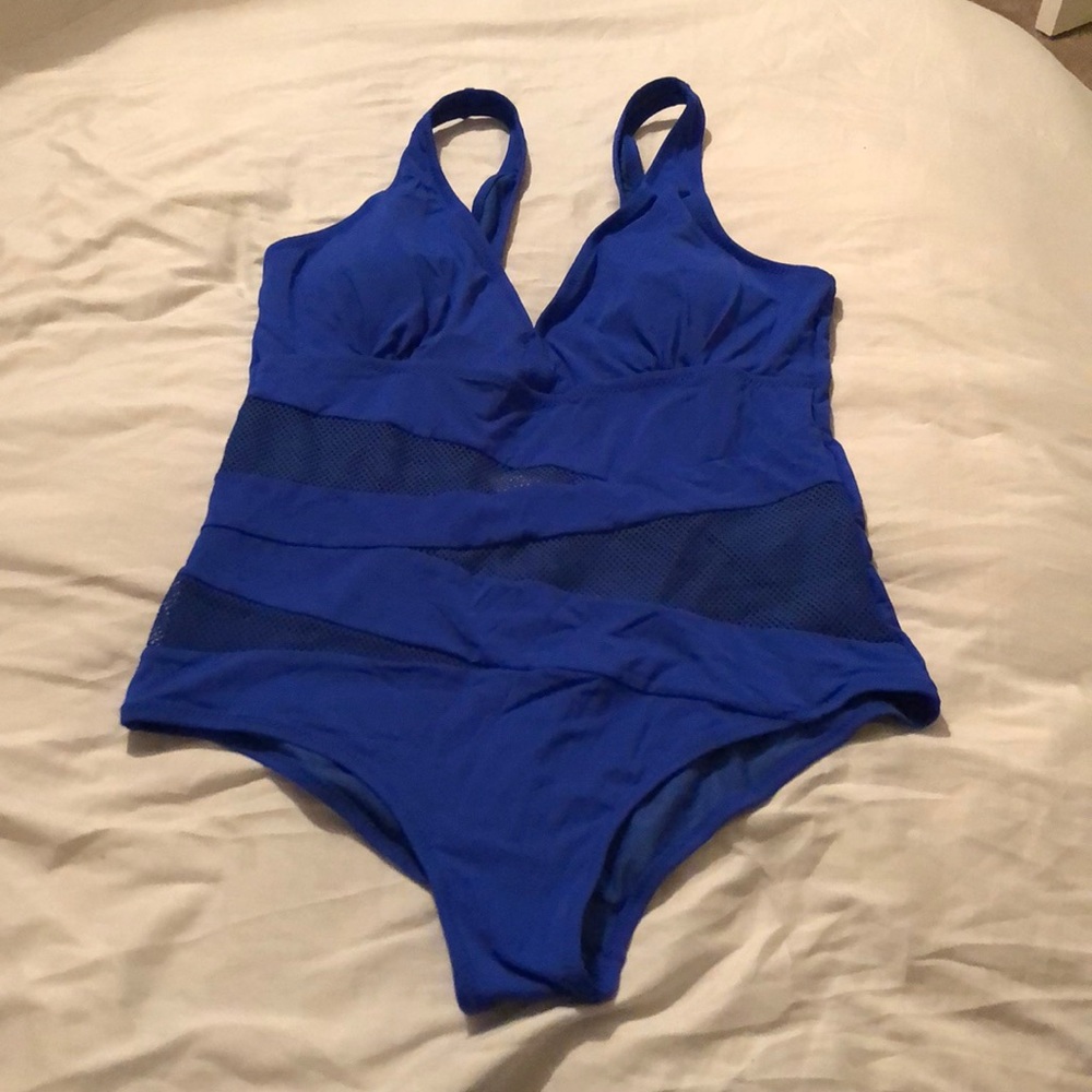 NWOT Blue Mesh cut out bathing suit with padding